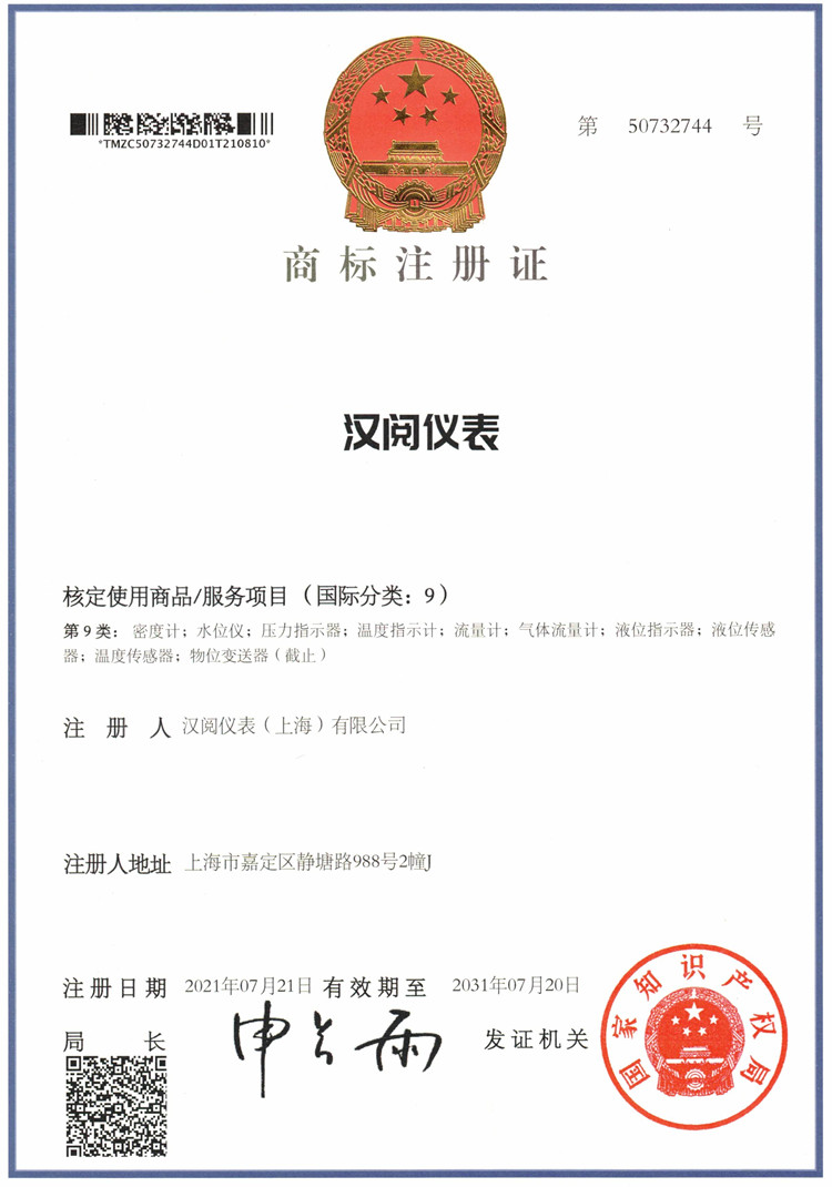 汉阅仪表-商标注册证